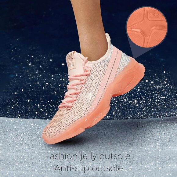 Women's Tan Rhinestone Mesh Slip On Walking Breathable Glitter Sneaker Shoes - Picture 2 of 9